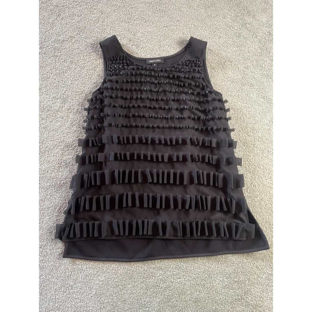 Paperwhite Shirt Tank Women's Size 06 Black Beaded Textured Sleeveless High Low